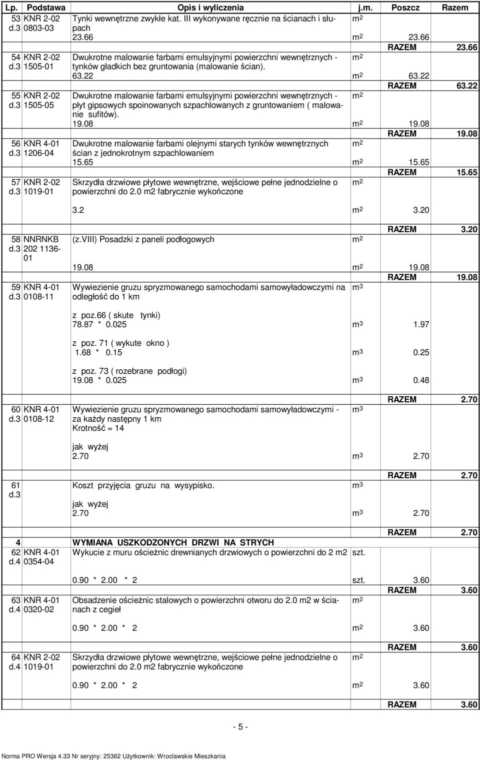 3 1505-05 płyt gipsowych spoinowanych szpachlowanych z gruntowaniem ( malowanie sufitów). 19.08 19.08 56 KNR 4-01 d.3 1206-04 57 KNR 2- d.