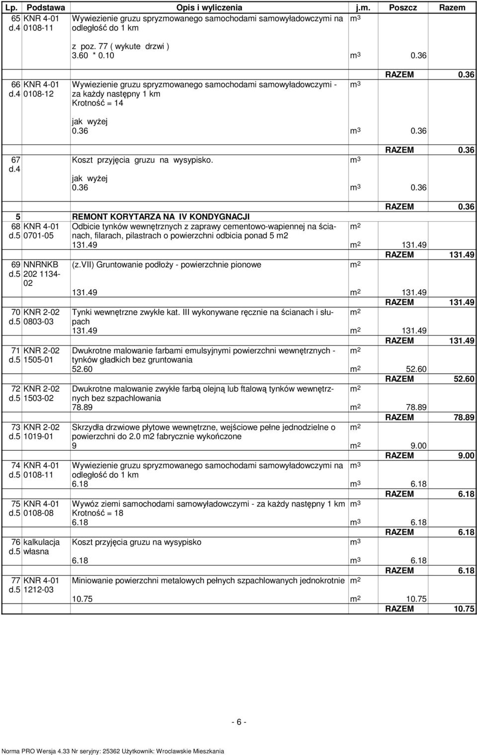 36 RAZEM 0.36 5 REMONT KORYTARZA NA IV KONDYGNACJI 68 KNR 4-01 Odbicie tynków wewnętrznych z zaprawy cementowo-wapiennej na ścianach, d.5 0701-05 131.49 131.49 RAZEM 131.49 69 NNRNKB (z.