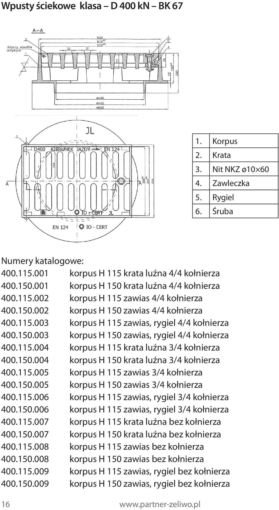 115.004 korpus H 115 krata luźna 3/4 kołnierza 400.150.004 korpus H 150 krata luźna 3/4 kołnierza 400.115.005 korpus H 115 zawias 3/4 kołnierza 400.150.005 korpus H 150 zawias 3/4 kołnierza 400.115.006 korpus H 115 zawias, rygiel 3/4 kołnierza 400.