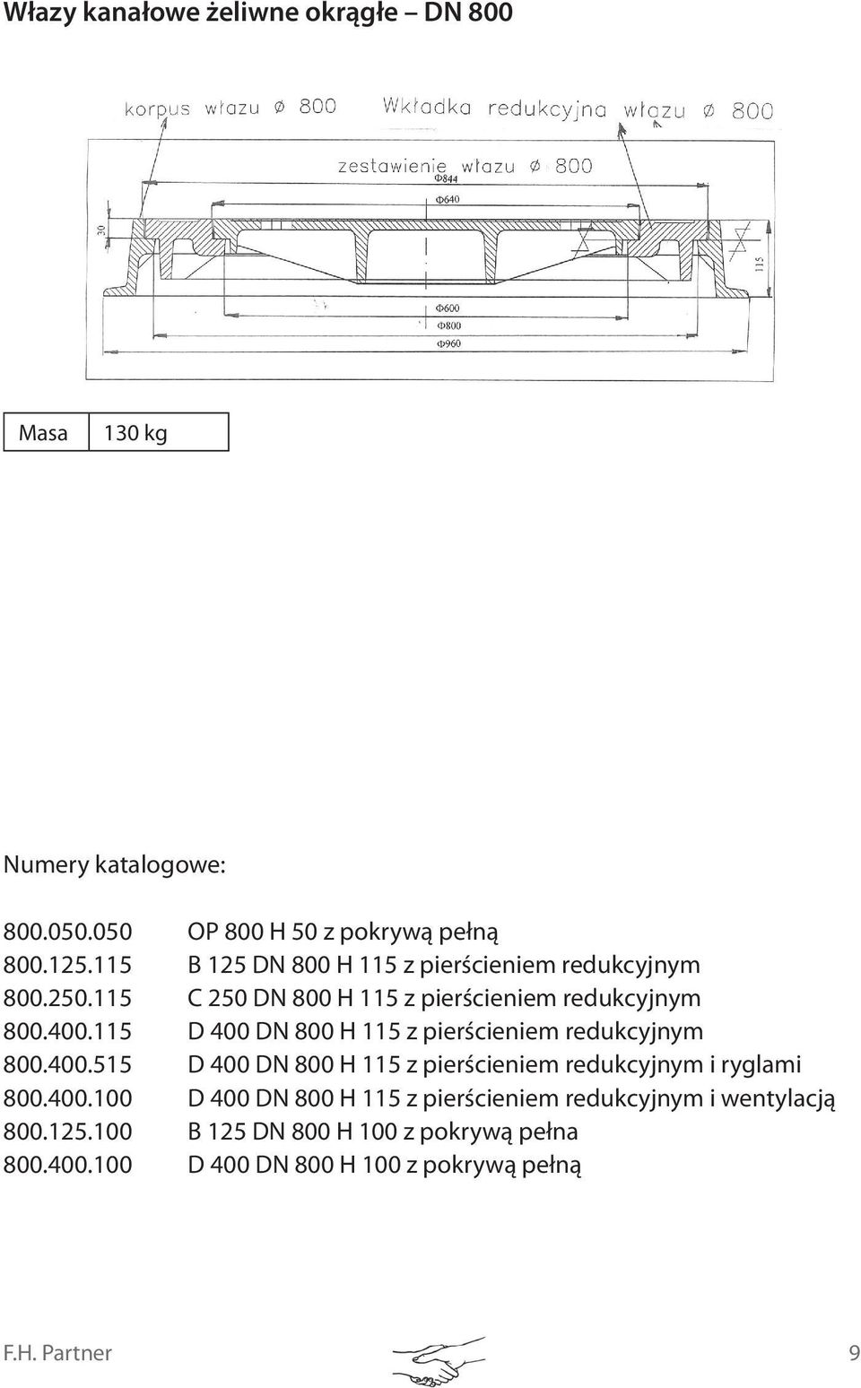 115 D 400 DN 800 H 115 z pierścieniem redukcyjnym 800.400.515 D 400 DN 800 H 115 z pierścieniem redukcyjnym i ryglami 800.400.100 D 400 DN 800 H 115 z pierścieniem redukcyjnym i wentylacją 800.