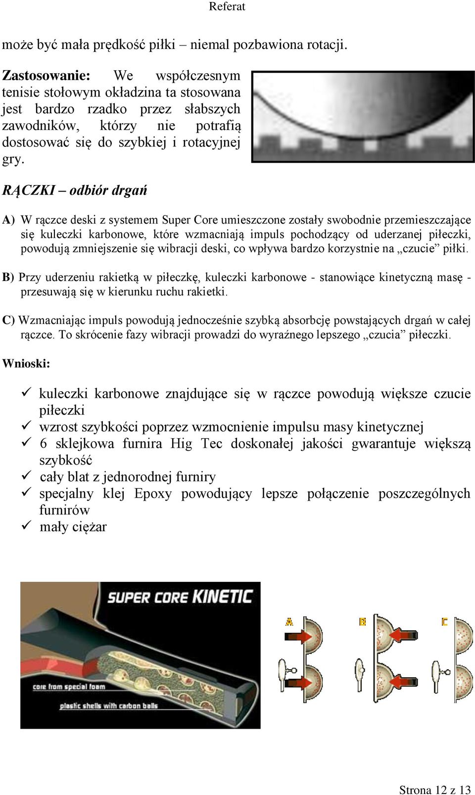 RĄCZKI odbiór drgań A) W rączce deski z systemem Super Core umieszczone zostały swobodnie przemieszczające się kuleczki karbonowe, które wzmacniają impuls pochodzący od uderzanej piłeczki, powodują