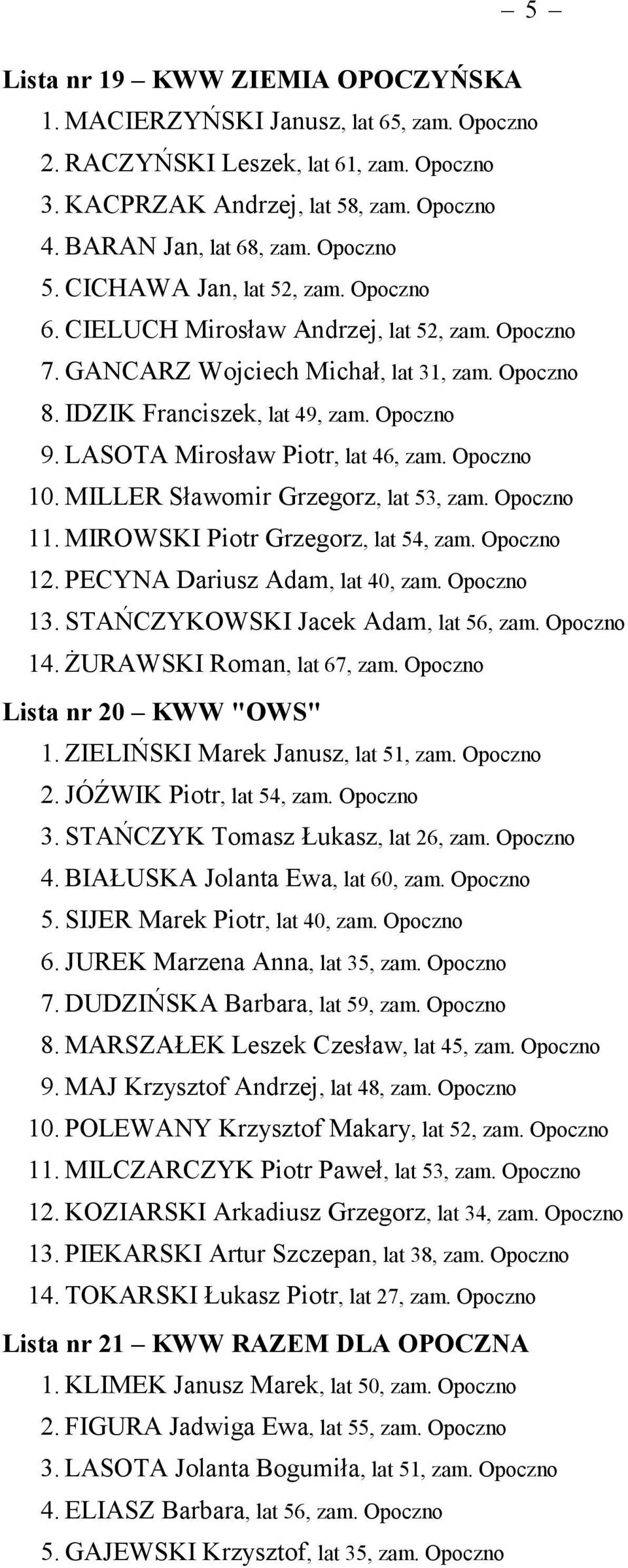 LASOTA Mirosław Piotr, lat 46, zam. Opoczno 10. MILLER Sławomir Grzegorz, lat 53, zam. Opoczno 11. MIROWSKI Piotr Grzegorz, lat 54, zam. Opoczno 12. PECYNA Dariusz Adam, lat 40, zam. Opoczno 13.