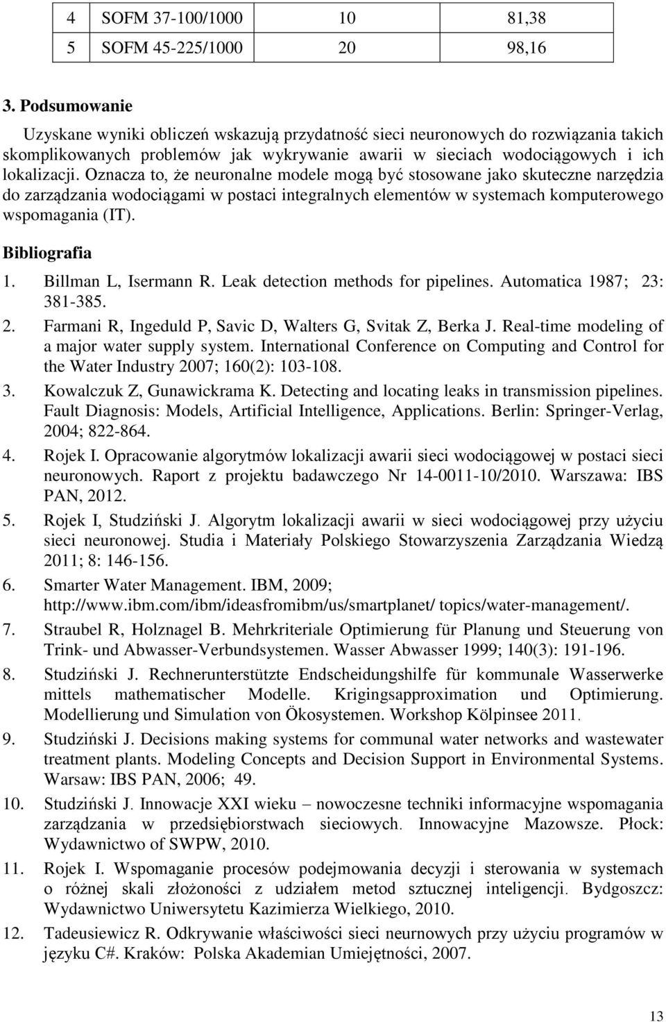 Oznacza to, że neuronalne modele mogą być stosowane jako skuteczne narzędzia do zarządzania wodociągami w postaci integralnych elementów w systemach komputerowego wspomagania (IT). Bibliografia 1.