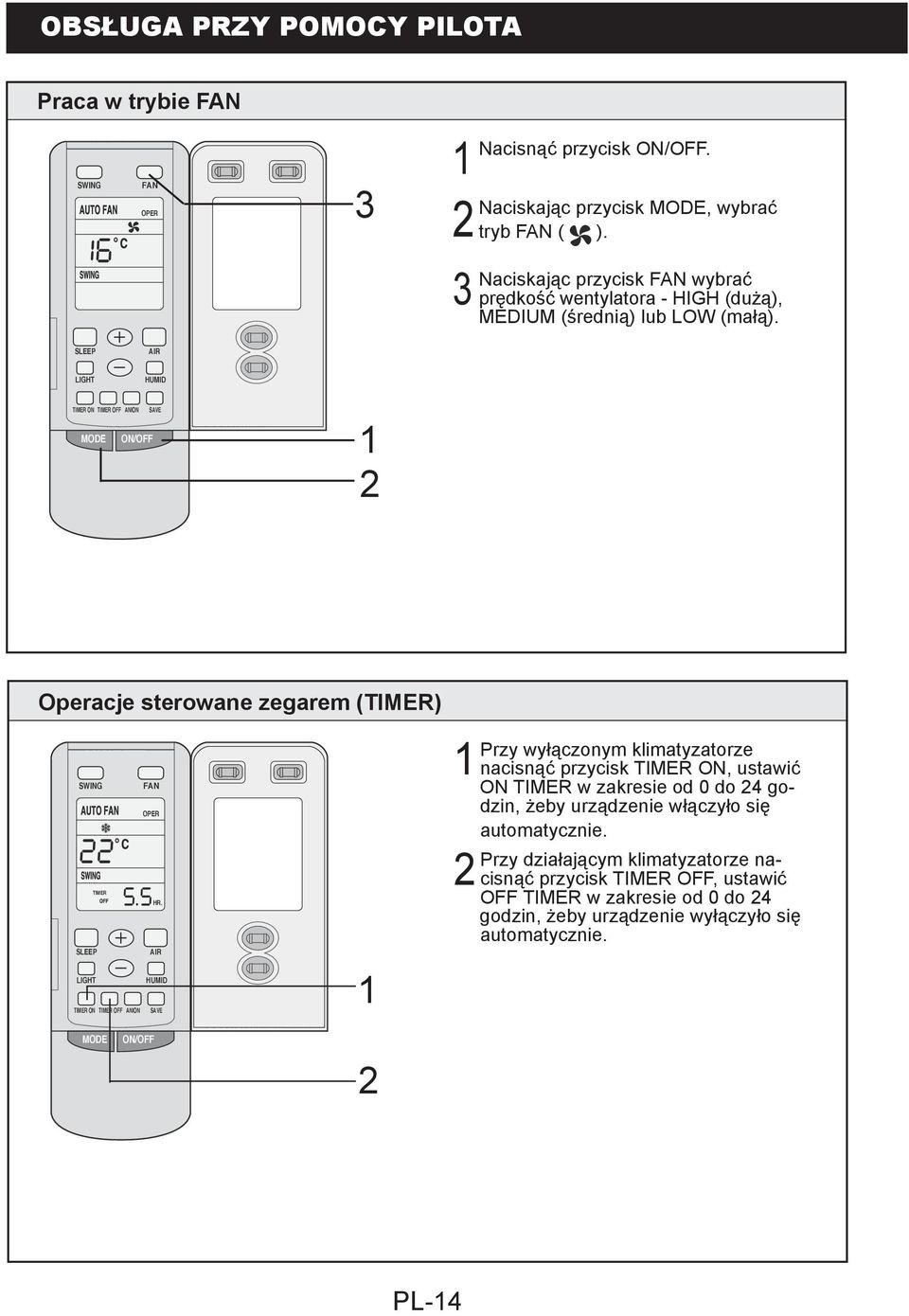 SLEEP AIR LIGHT HUMID TIMER ON TIMER OFF ANION SAVE MODE ON/OFF 2 Operacje sterowane zegarem (TIMER) SWING FAN OPER TIMER HR.