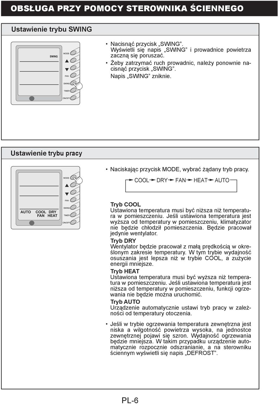 COOL DRY FAN HEAT AUTO Tryb COOL Ustawiona temperatura musi być niższa niż temperatura w pomieszczeniu.