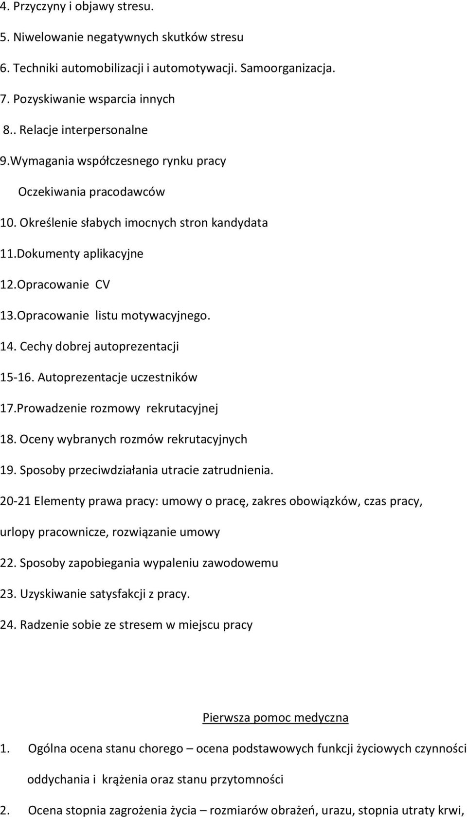 Cechy dobrej autoprezentacji 15-16. Autoprezentacje uczestników 17.Prowadzenie rozmowy rekrutacyjnej 18. Oceny wybranych rozmów rekrutacyjnych 19. Sposoby przeciwdziałania utracie zatrudnienia.