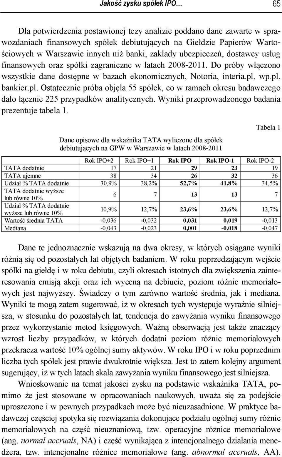 wp.pl, bankier.pl. Osaecznie próba objęła 55 spółek, co w ramach okresu badawczego dało łącznie 225 przypadków analiycznych. Wyniki przeprowadzonego badania prezenuje abela 1.