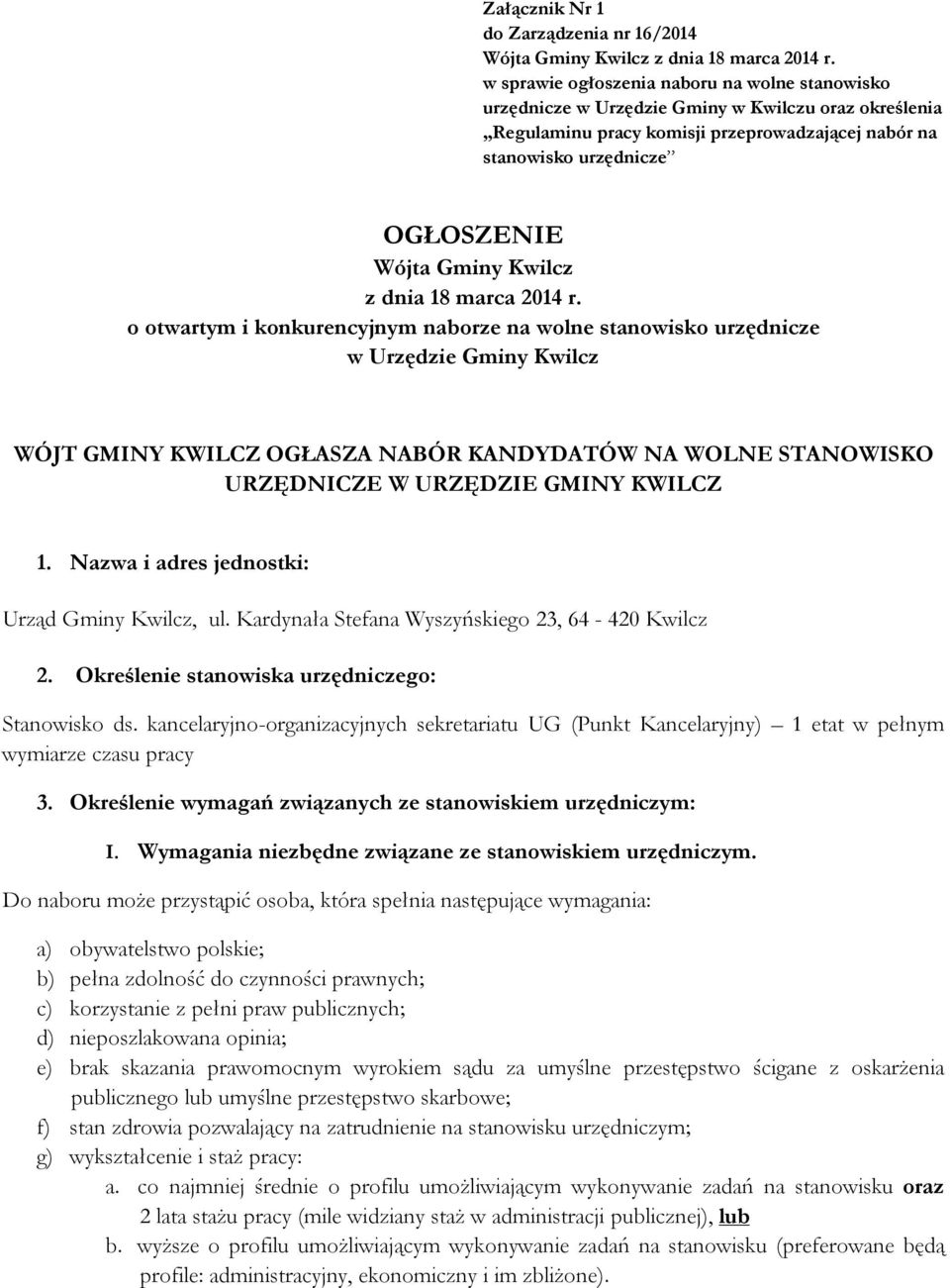 Gminy Kwilcz z dnia 18 marca 2014 r.