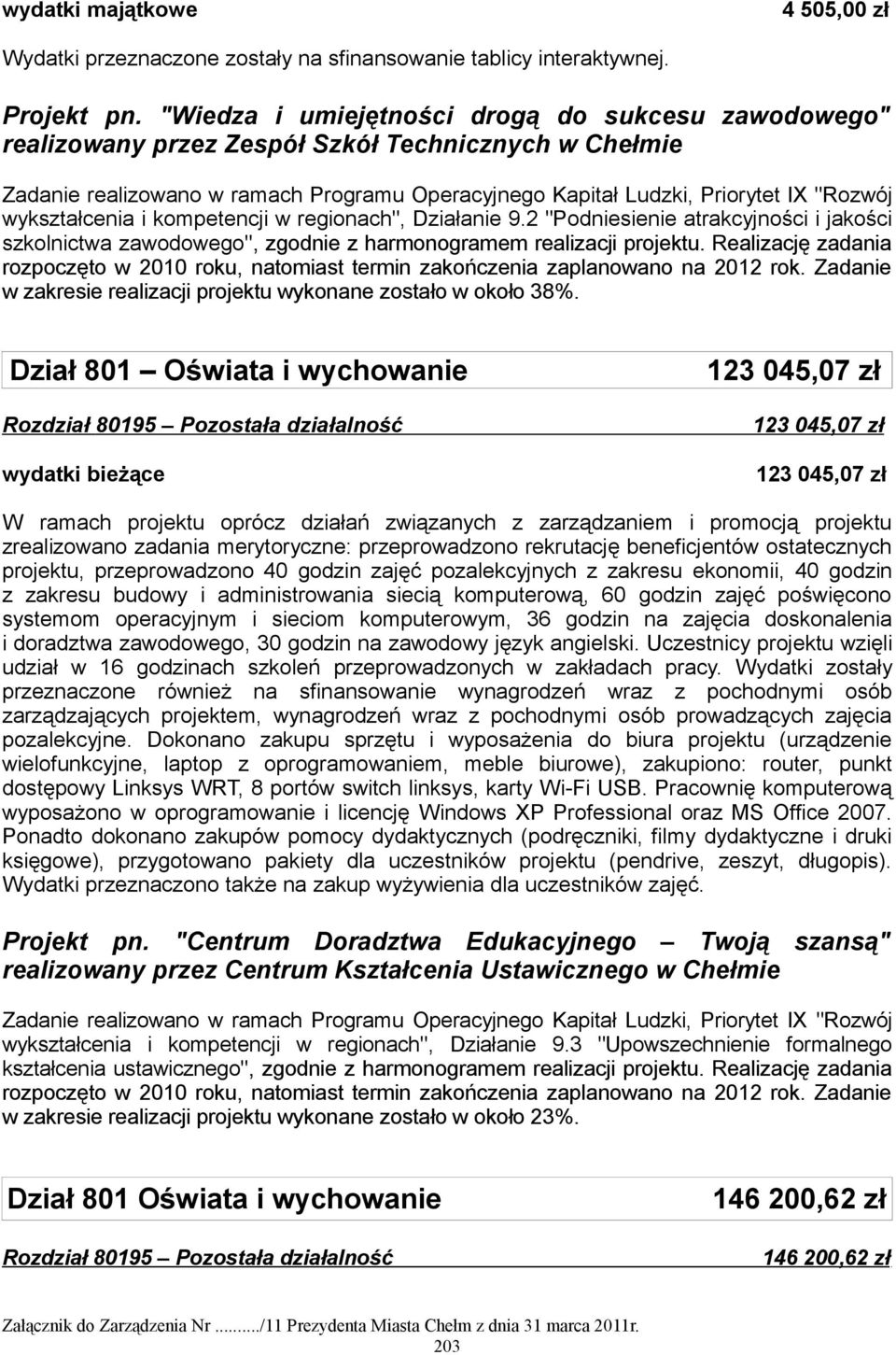 2 "Podniesienie atrakcyjności i jakości szkolnictwa zawodowego", zgodnie z harmonogramem realizacji projektu.