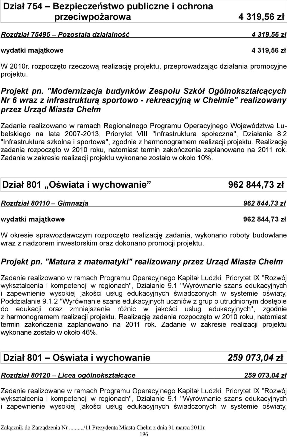 "Modernizacja budynków Zespołu Szkół Ogólnokształcących Nr 6 wraz z infrastrukturą sportowo - rekreacyjną w Chełmie" realizowany przez Urząd Miasta Chełm Zadanie realizowano w ramach Regionalnego