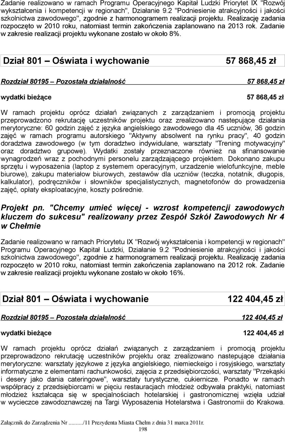 Realizację zadania rozpoczęto w 2010 roku, natomiast termin zakończenia zaplanowano na 2013 rok. Zadanie w zakresie realizacji projektu wykonane zostało w około 8%.
