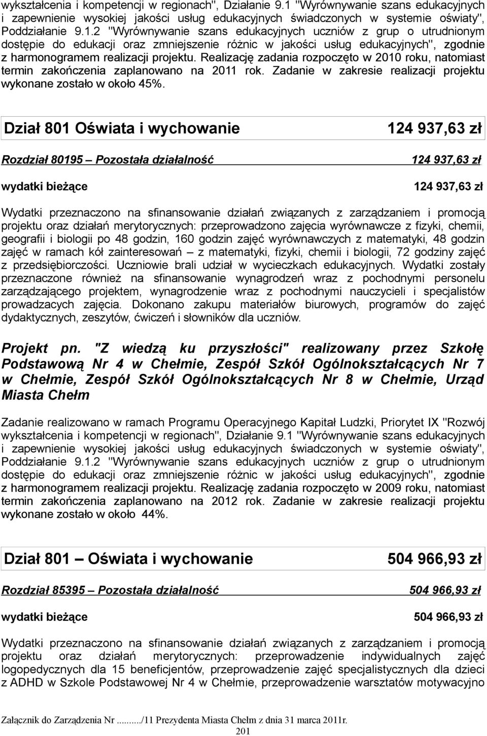 2 "Wyrównywanie szans edukacyjnych uczniów z grup o utrudnionym dostępie do edukacji oraz zmniejszenie różnic w jakości usług edukacyjnych", zgodnie z harmonogramem realizacji projektu.