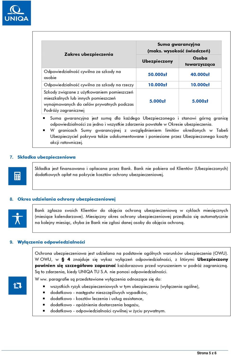 000zł Szkody związane z użytkowaniem pomieszczeń mieszkalnych lub innych pomieszczeń wynajmowanych do celów prywatnych podczas Podróży zagranicznej 5.000zł 5.