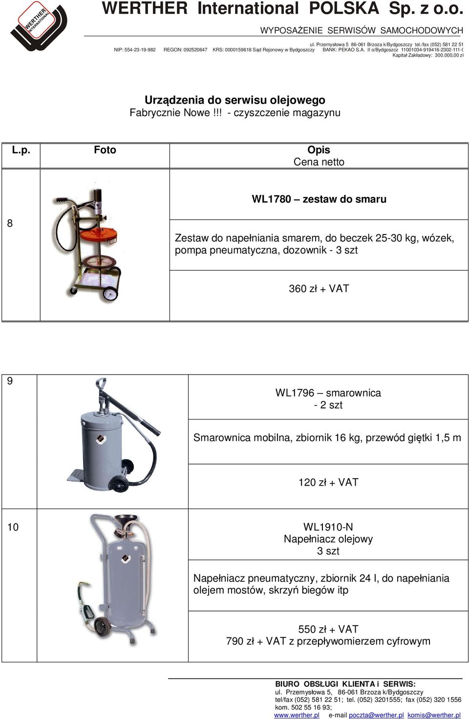 dozownik - 3 szt 360 zł + VAT 9 WL1796 smarownica - 2 szt Smarownica mobilna, zbiornik 16 kg, przewód giętki 1,5 m 120 zł +
