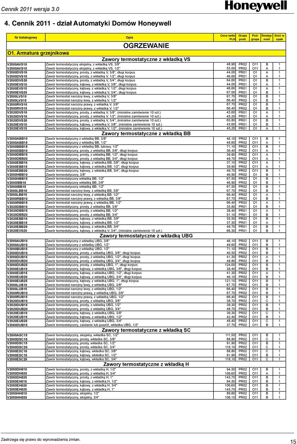 termostatyczny aksjalny, z wkładką VS, 1/2" 53,00 PR02 O11 A 1 V2000DVS10 Zawór termostatyczny, prosty, z wkładką V, 3/8", długi korpus 44,00 PR01 O1 A 1 V2000DVS15 Zawór termostatyczny, prosty, z