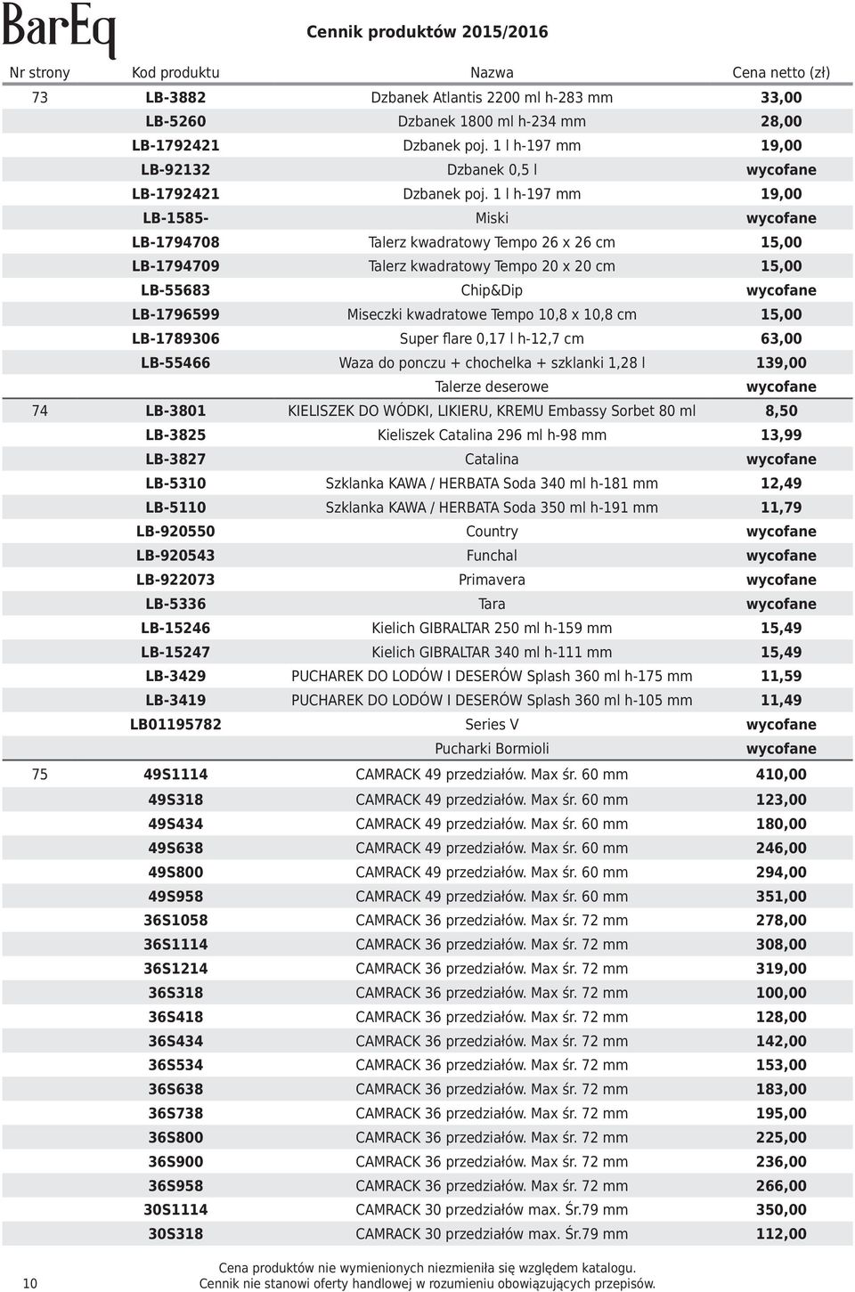kwadratowe Tempo 10,8 x 10,8 cm 15,00 LB-1789306 Super flare 0,17 l h-12,7 cm 63,00 LB-55466 Waza do ponczu + chochelka + szklanki 1,28 l 139,00 Talerze deserowe wycofane 74 LB-3801 KIELISZEK DO