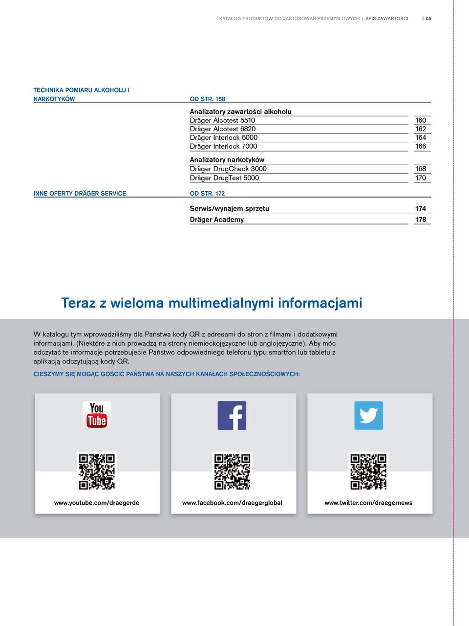 DrugTest 5000 170 Serwis/wynajem sprzętu 174 Dräger Academy 178 Teraz z wieloma multimedialnymi informacjami W katalogu tym wprowadziliśmy dla Państwa kody QR z adresami do stron z filmami i