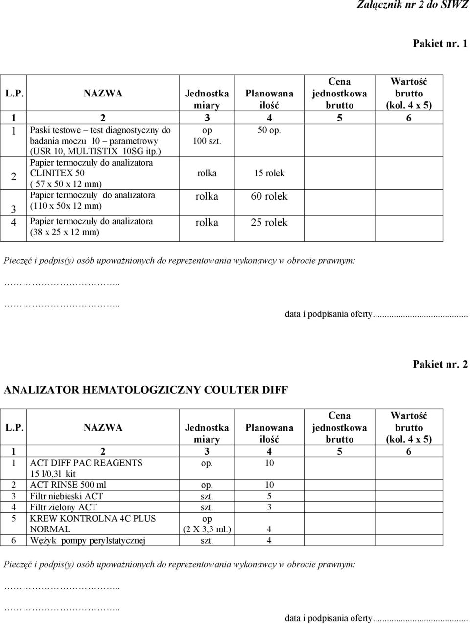 x 5 x 1 mm) op 100 szt. 15 rolek 60 rolek 5 rolek (kol. x 5) Pakiet nr. ANALIZATOR HEMATOLOGZICZNY COULTER DIFF 1 ACT DIFF PAC REAGENTS op.