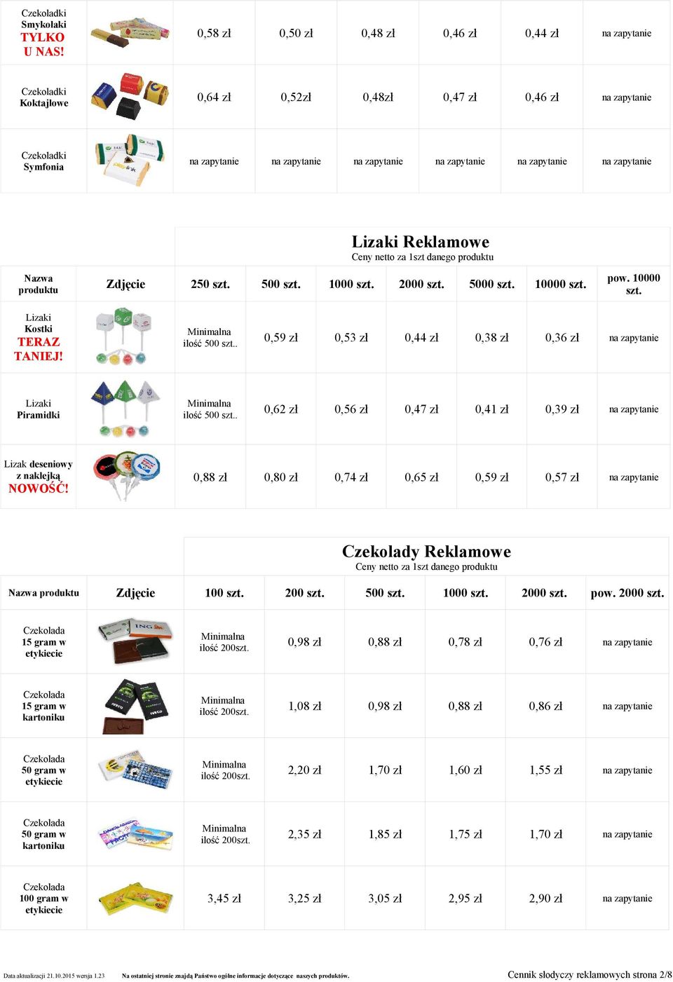 zapytanie Lizaki Reklamowe Ceny netto za 1szt danego produktu Nazwa produktu Zdjęcie 250 szt. 500 szt. 1000 szt. 2000 szt. 5000 szt. 10000 szt. pow. 10000 szt. Lizaki Kostki TERAZ TANIEJ!