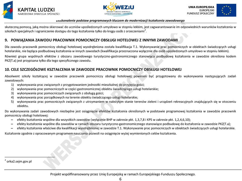 OWIĄZANIA ZAWODU RAOWNIK OMONIZY OBSŁUGI HOTELOWEJ Z INNYMI ZAWODAMI Dla zawodu pracownik pomocniczy obsługi hotelowej wyodrębniona została kwalifikacja T.1.