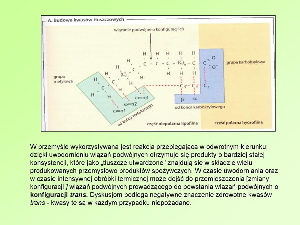 W czasie uwodorniania oraz w czasie intensywnej obróbki termicznej może dojść do przemieszczenia [zmiany konfiguracji ] wiązań podwójnych