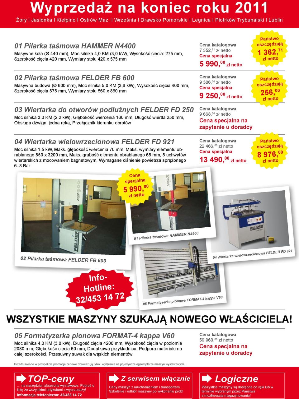 cięcia 420 mm, Wymiary stołu 420 x 575 mm 02 Pilarka taśmowa FELDER FB 600 Masywna budowa (Ø 600 mm), Moc silnika 5,0 KM (3,6 kw), Wysokość cięcia 400 mm, Szerokość cięcia 575 mm, Wymiary stołu 560 x