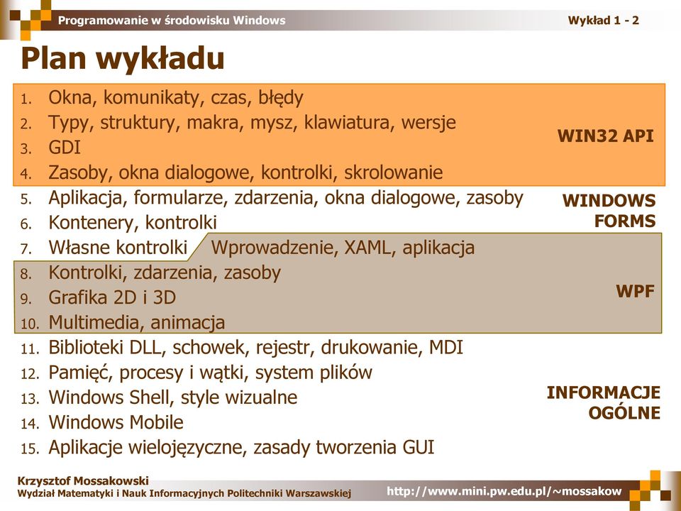 Własne kontrolki Wprowadzenie, XAML, aplikacja 8. Kontrolki, zdarzenia, zasoby 9. Grafika 2D i 3D 10. Multimedia, animacja 11.