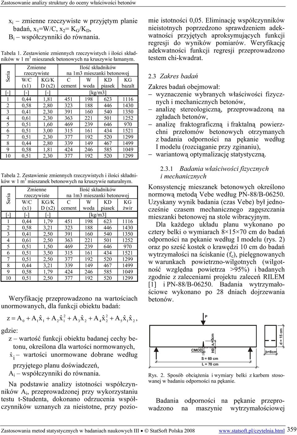 Zmienne rzeczywiste Ilość składników na 1m3 mieszanki betonowej W/C KG/K C W KD KG (x1) D (x) cement woda piasek bazalt [-] [-] [-] [kg/m3] 1 0,44 1,81 451 198 63 1116 0,58,80 33 188 446 1430 3