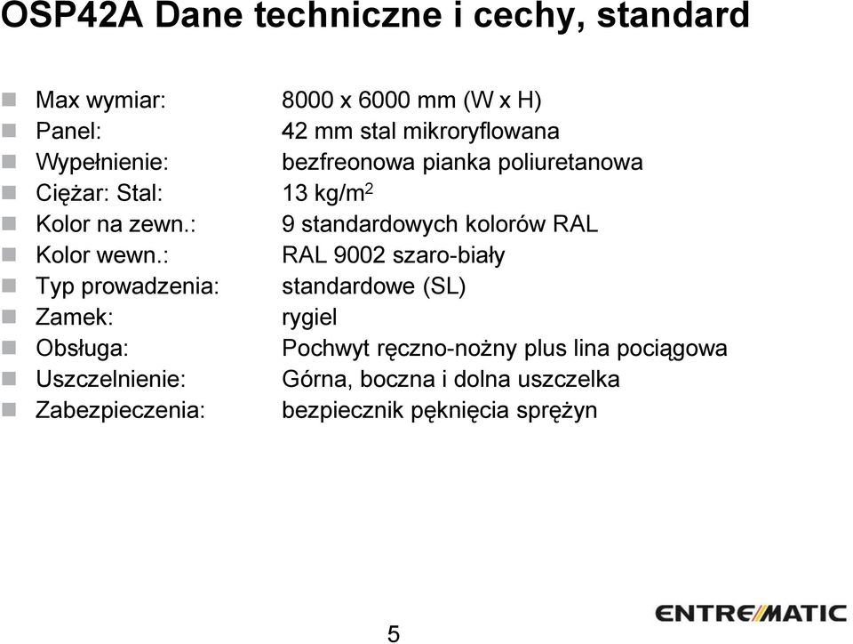 : 9 standardowych kolorów RAL Kolor wewn.