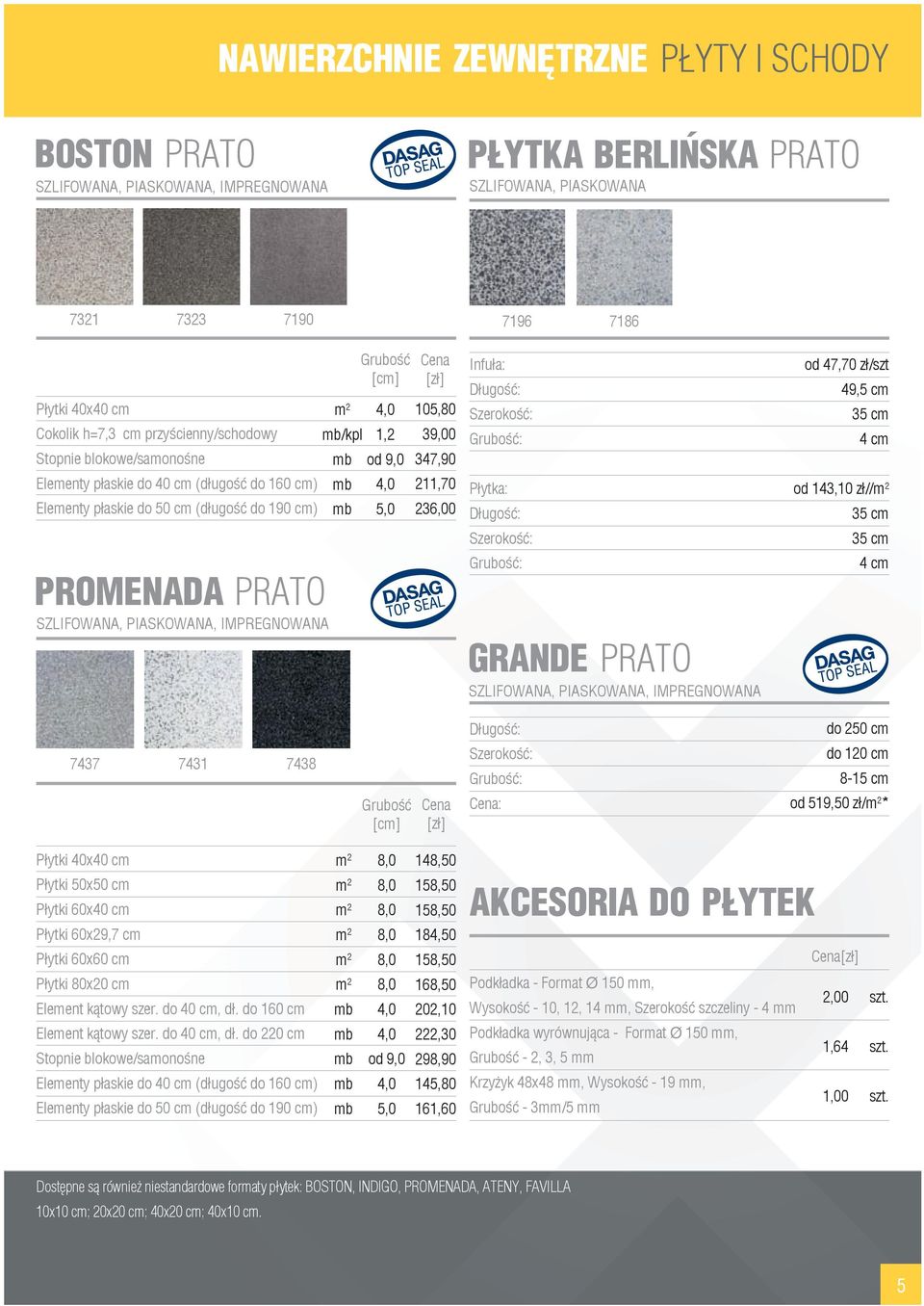 347,90 211,70 236,00 Infuła: : Płytka: : GRANDE PRATO SZLIFOWANA, PIASKOWANA, IMPREGNOWANA od 47,70 zł/szt 49,5 cm 35 cm 4 cm od 143,10 zł// 35 cm 35 cm 4 cm do 250 cm 7437 7431 7438 : : do 120 cm