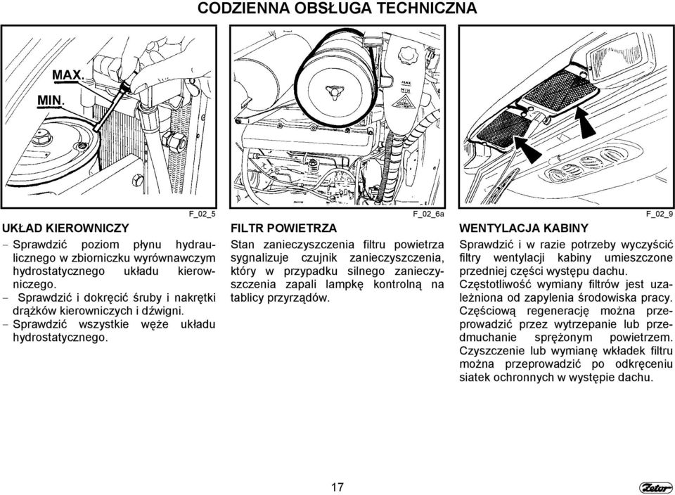 F_02_5 F_02_6a F_02_9 FILTR POWIETRZA Stan zanieczyszczenia filtru powietrza sygnalizuje czujnik zanieczyszczenia, który w przypadku silnego zanieczyszczenia zapali lampkę kontrolną na tablicy