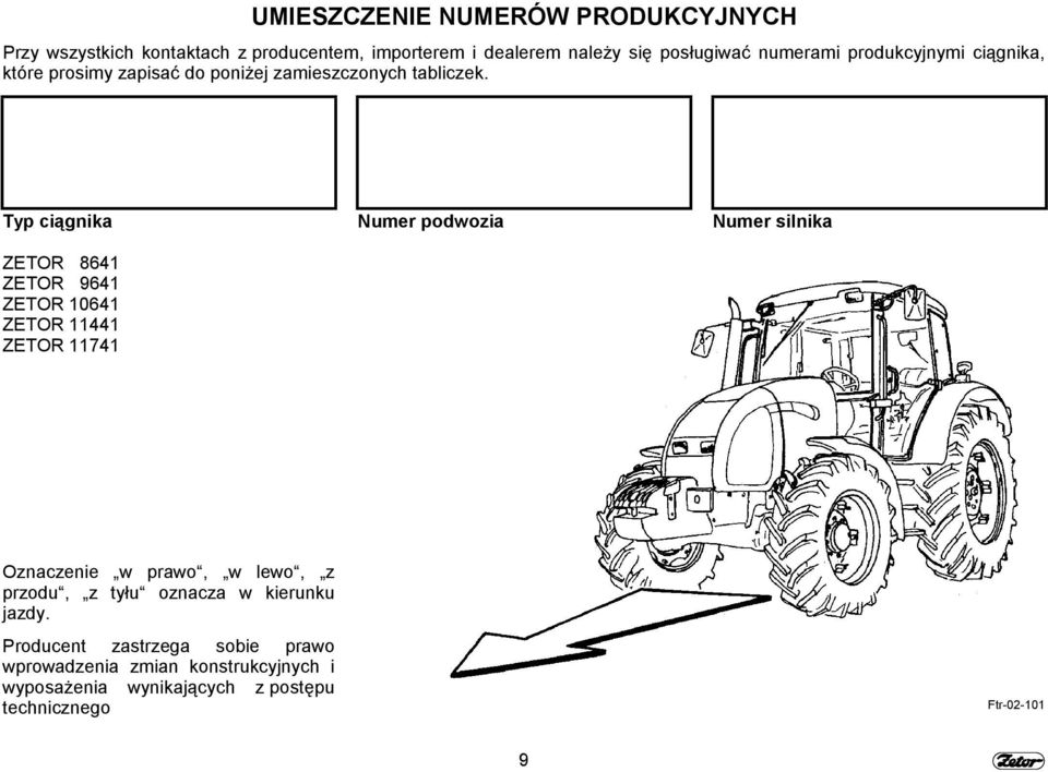 Typ ciągnika ZETOR 8641 ZETOR 9641 ZETOR 10641 ZETOR 11441 ZETOR 11741 Numer podwozia Numer silnika Oznaczenie w prawo, w lewo,