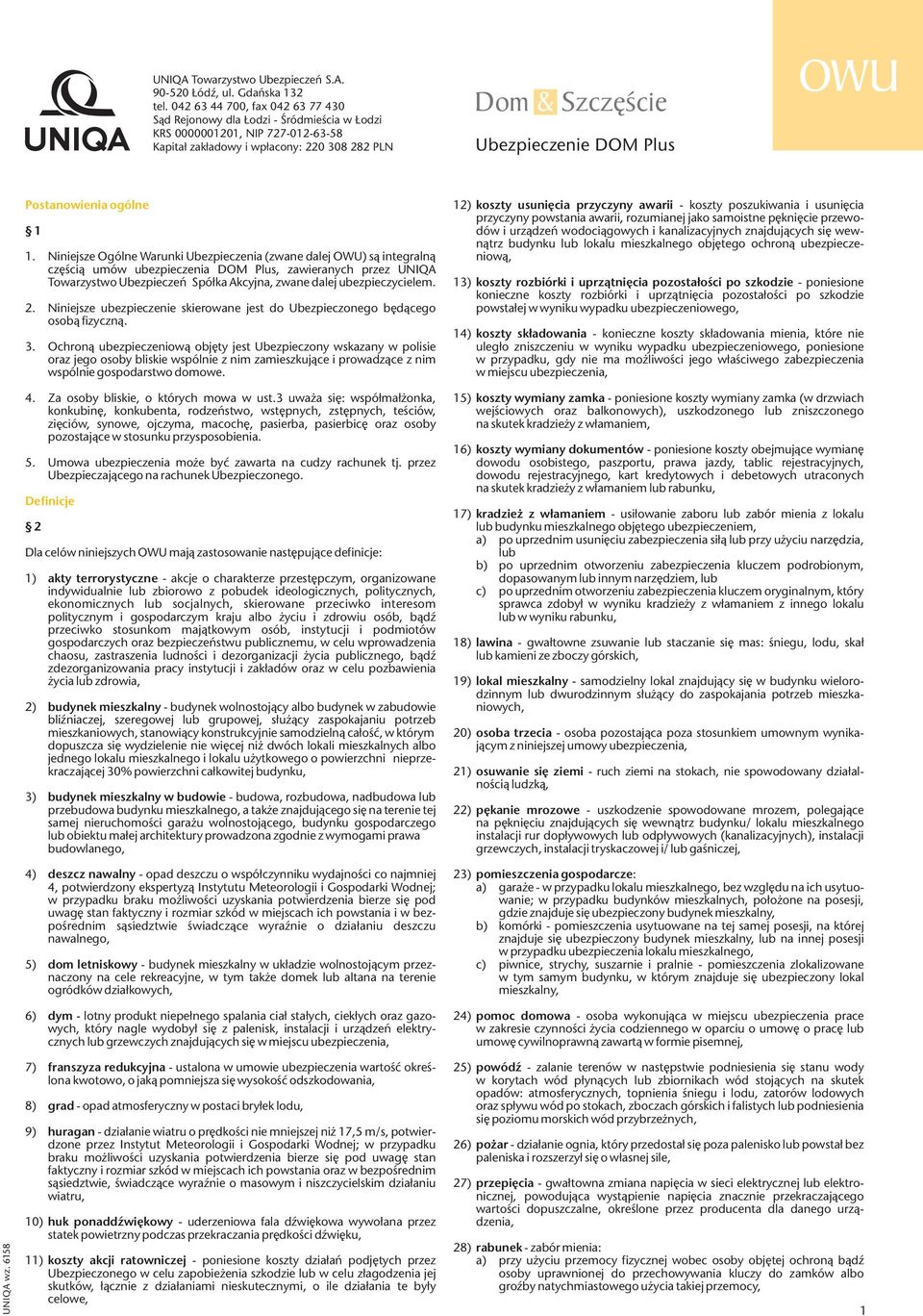 UNIQA wz. 6158 Postanowienia ogólne 1 1.
