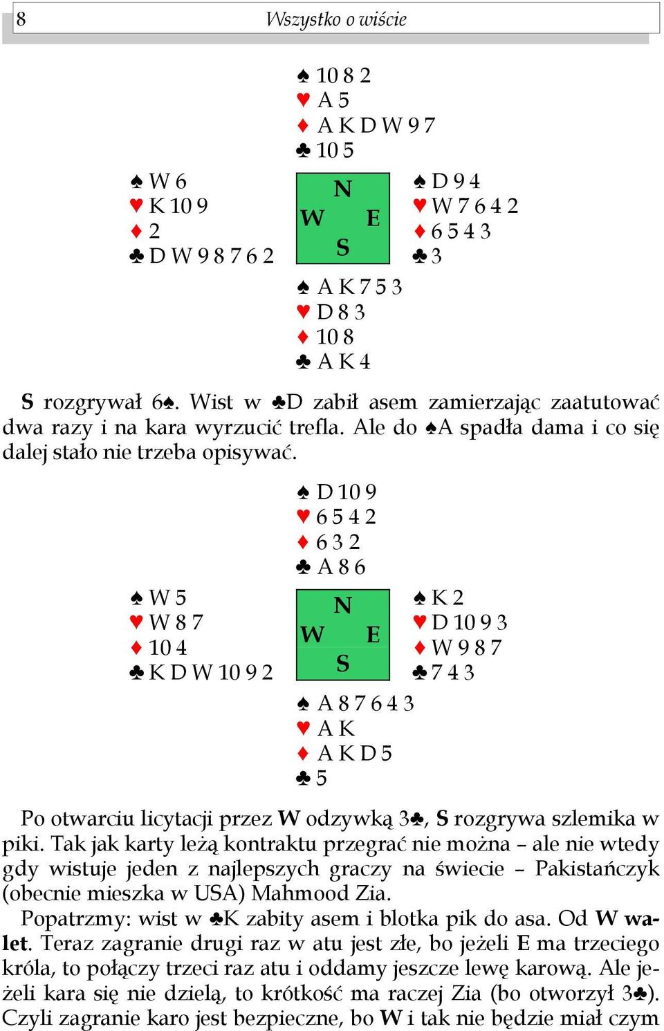 W 5 W 8 7 10 4 K D W 10 9 2 D 10 9 6 5 4 2 6 3 2 A 8 6 N S A 8 7 6 4 3 A K A K D 5 5 K 2 D 10 9 3 W 9 8 7 7 4 3 Po otwarciu licytacji przez W odzywką 3, S rozgrywa szlemika w piki.