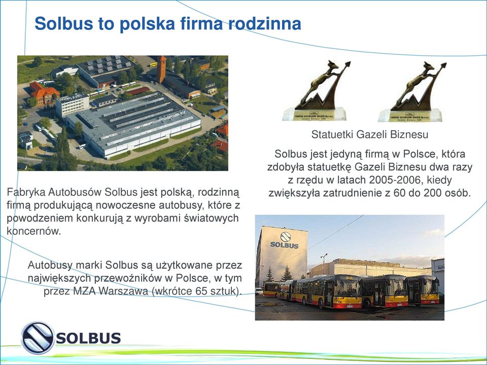 Solbus jest jedyną firmą w Polsce, która zdobyła statuetkę Gazeli Biznesu dwa razy z rzędu w latach 2005-2006, kiedy