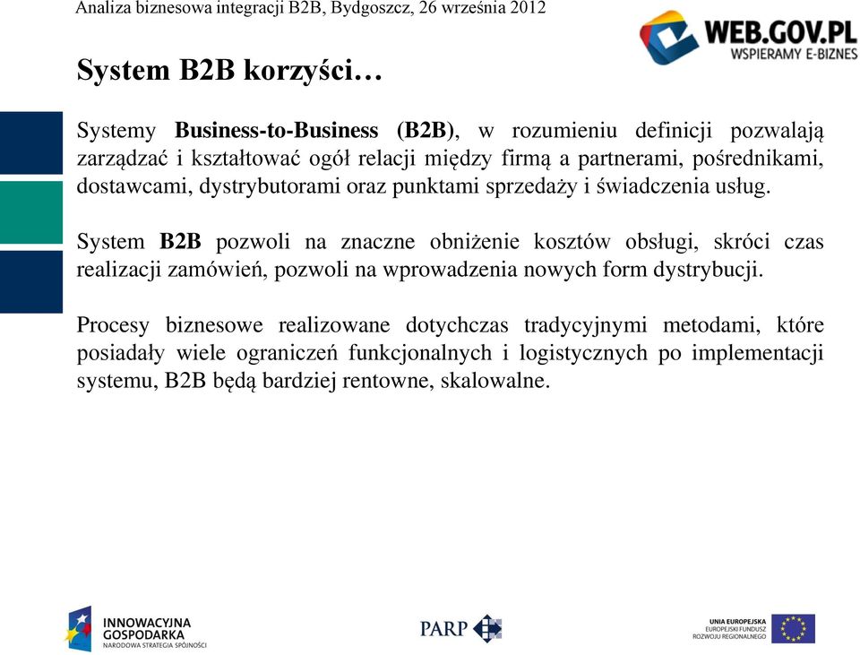 System B2B pozwoli na znaczne obniżenie kosztów obsługi, skróci czas realizacji zamówień, pozwoli na wprowadzenia nowych form dystrybucji.