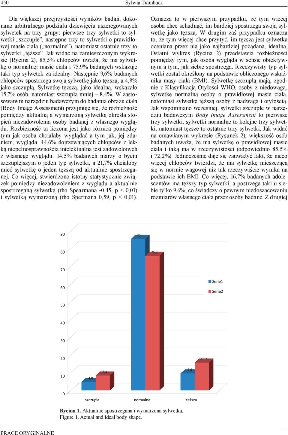 Jak widać na zamieszczonym wykresie (Rycina 2), 85,5% chłopców uważa, że ma sylwetkę o normalnej masie ciała i 75,9% badanych wskazuje taki typ sylwetek za idealny.
