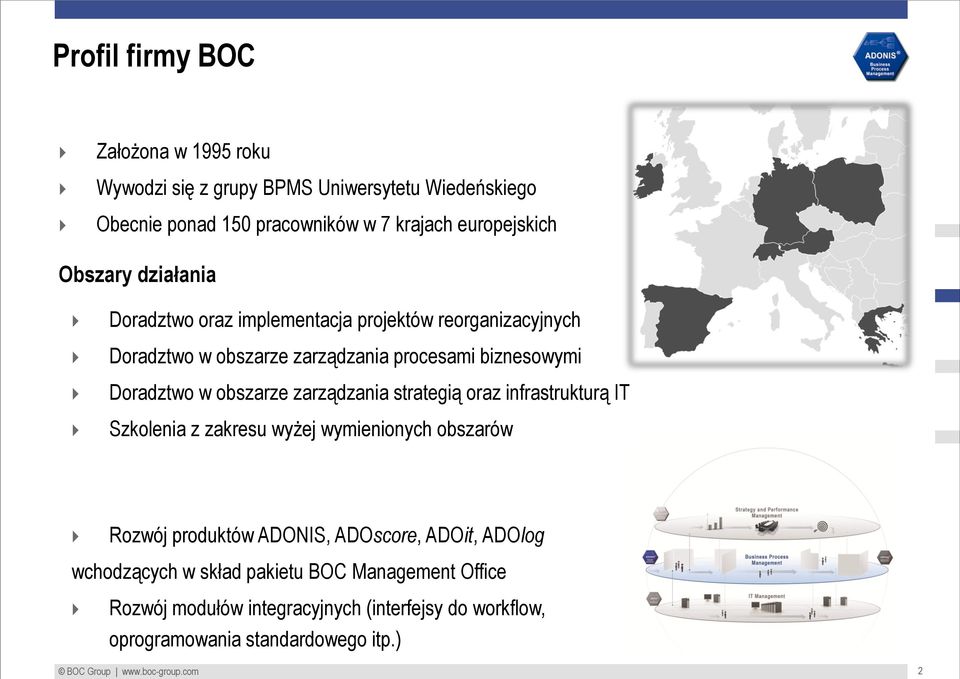 zarządzania strategią oraz infrastrukturą IT Szkolenia z zakresu wyżej wymienionych obszarów Rozwój produktów ADONIS, ADOscore, ADOit, ADOlog