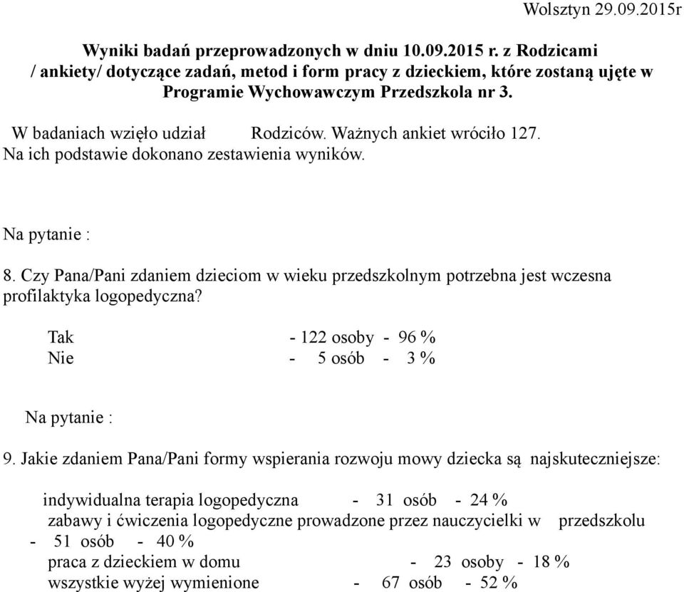 Na ich podstawie dokonano zestawienia wyników. Na pytanie : 8. Czy Pana/Pani zdaniem dzieciom w wieku przedszkolnym potrzebna jest wczesna profilaktyka logopedyczna?