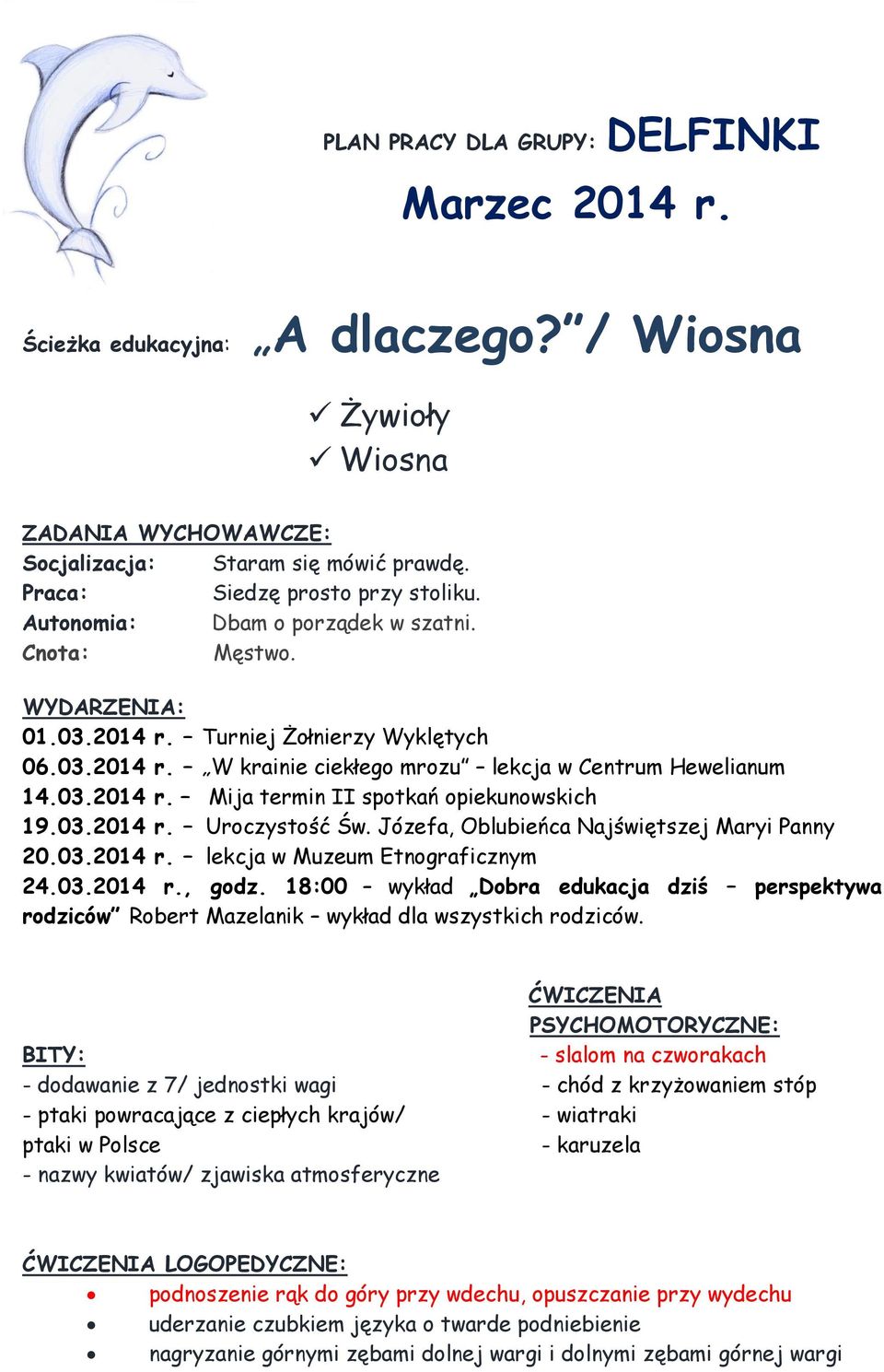 03.2014 r. Uroczystość Św. Józefa, Oblubieńca Najświętszej Maryi Panny 20.03.2014 r. lekcja w Muzeum Etnograficznym 24.03.2014 r., godz.