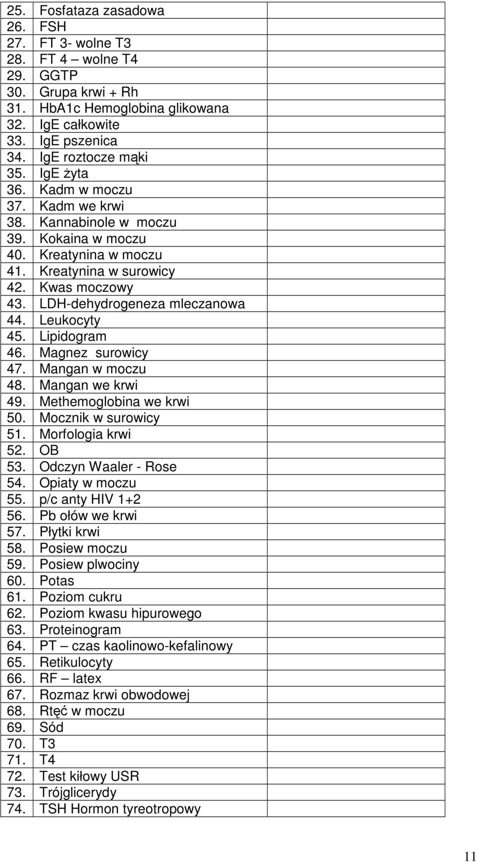 Leukocyty 45. Lipidogram 46. Magnez surowicy 47. Mangan w moczu 48. Mangan we krwi 49. Methemoglobina we krwi 50. Mocznik w surowicy 51. Morfologia krwi 52. OB 53. Odczyn Waaler - Rose 54.