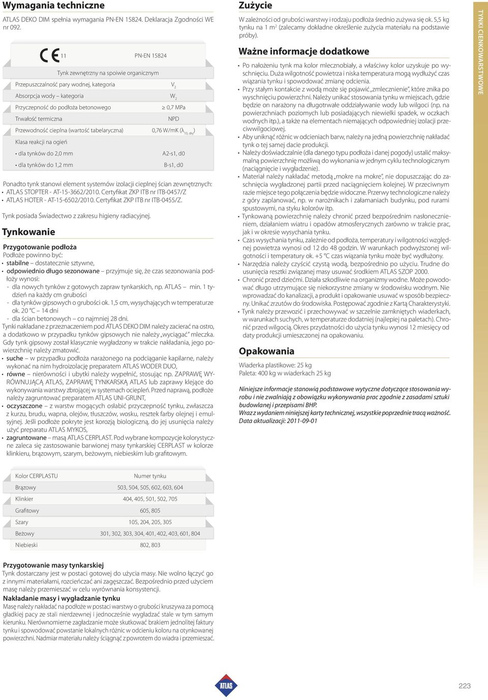 Przewodność cieplna (wartość tabelaryczna) 0,76 W/mK (λ 10, dry ) Klasa reakcji na ogień dla tynków do 2,0 mm A2-s1, d0 dla tynków do 1,2 mm B-s1, d0 Ponadto tynk stanowi element systemów izolacji
