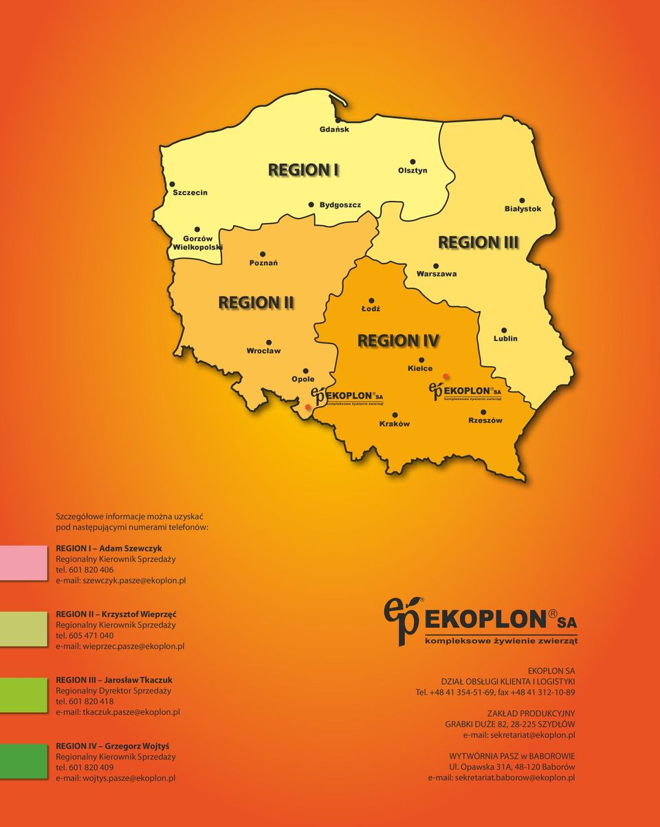 pl REGION II Krzysztof Wieprzęć Regionalny Kierownik Sprzedaży tel. 0 7 00 e-mail: wieprzec.pasze@ekoplon.pl REGION III Jarosław Tkaczuk Regionalny Dyrektor Sprzedaży tel. 0 80 8 e-mail: tkaczuk.