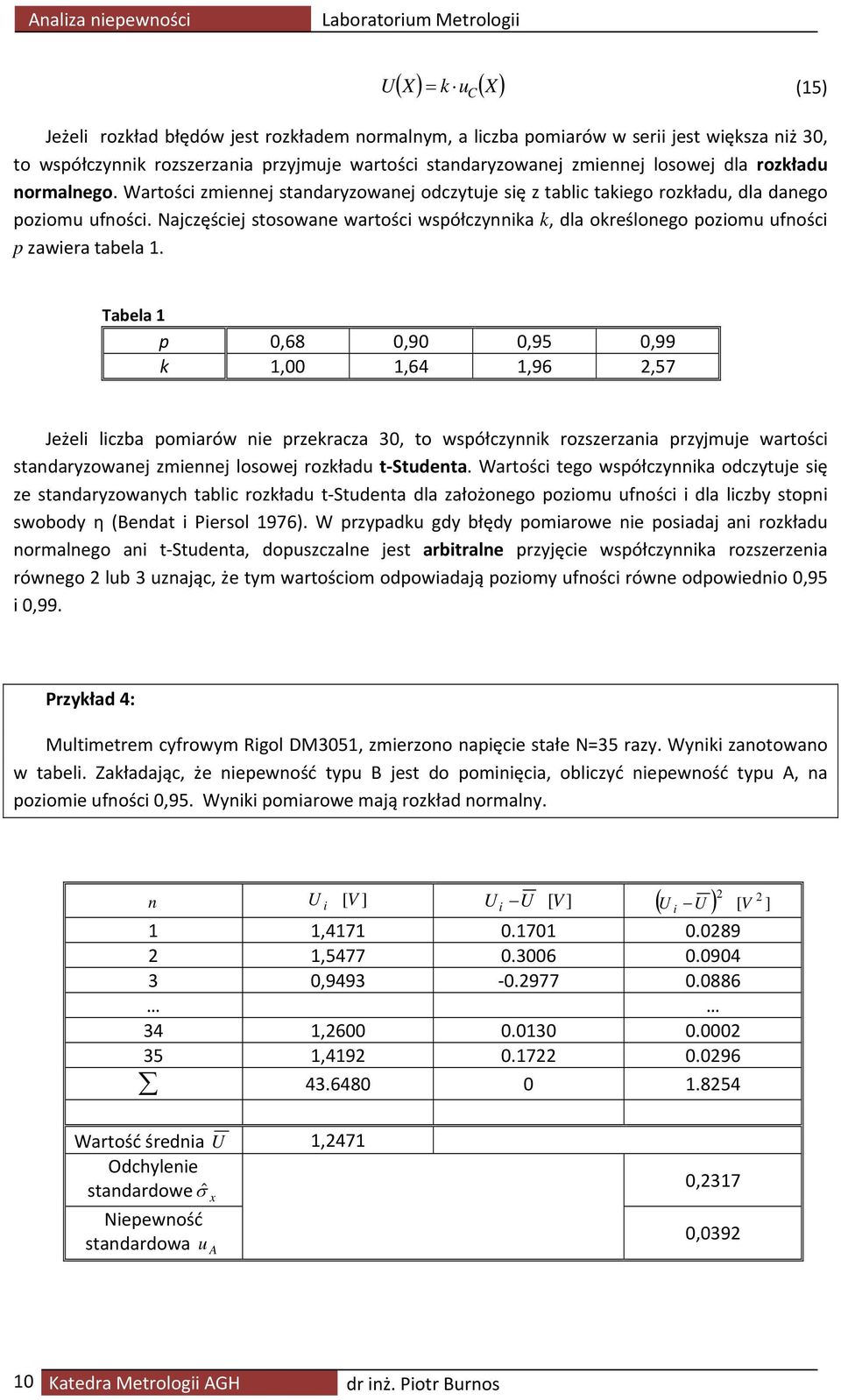 ajczęściej stosowane wartości współczynnika k, dla określonego poziomu ufności p zawiera tabela.