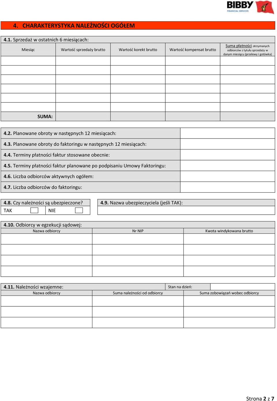 gotówka) SUMA: 4.2. Planowane obroty w następnych 12 miesiącach: 4.3. Planowane obroty do faktoringu w następnych 12 miesiącach: 4.4. Terminy płatności faktur stosowane obecnie: 4.5.
