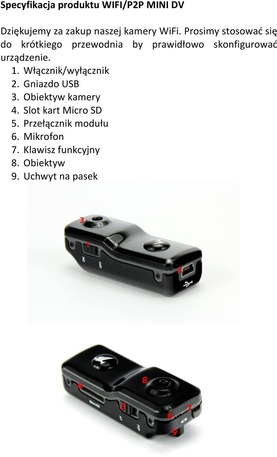 urządzenie. 1. Włącznik/wyłącznik 2. Gniazdo USB 3. Obiektyw kamery 4.
