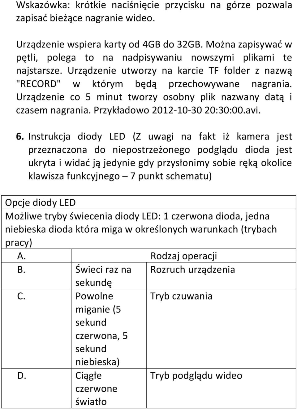 Urządzenie co 5 minut tworzy osobny plik nazwany datą i czasem nagrania. Przykładowo 2012-10-30 20:30:00.avi. 6.