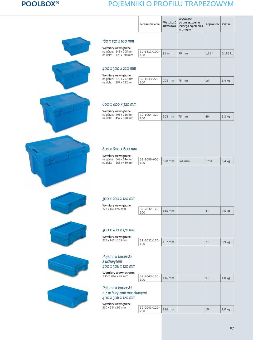 49 l 3,3 kg 800 x 600 x 600 mm na górze: 649 x 544 mm na dole: 568 x 489 mm 39-1086-600-590 mm 144 mm 170 l 8,4 kg 300 x 200 x 120 mm 278 x 160 x 92 mm 39-2032-120-116 mm 4 l 0,6 kg 300 x 200 x 170