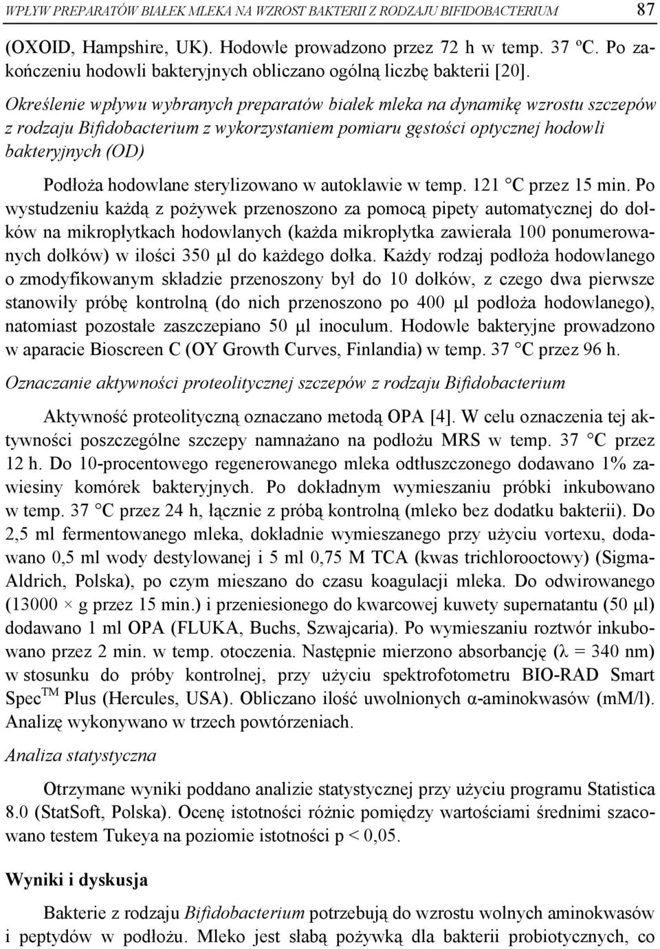 Określenie wpływu wybranych preparatów białek mleka na dynamikę wzrostu szczepów z rodzaju Bifidobacterium z wykorzystaniem pomiaru gęstości optycznej hodowli bakteryjnych (OD) Podłoża hodowlane