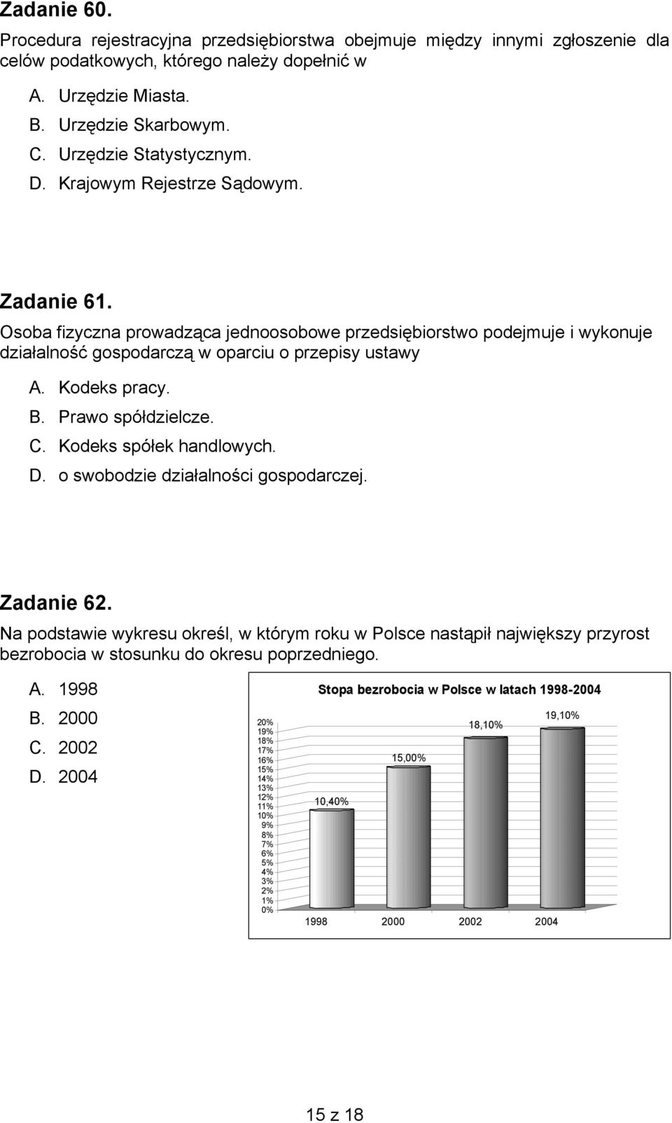 Kodeks pracy. B. Prawo spółdzielcze. C. Kodeks spółek handlowych. D. o swobodzie działalności gospodarczej. Zadanie 62.